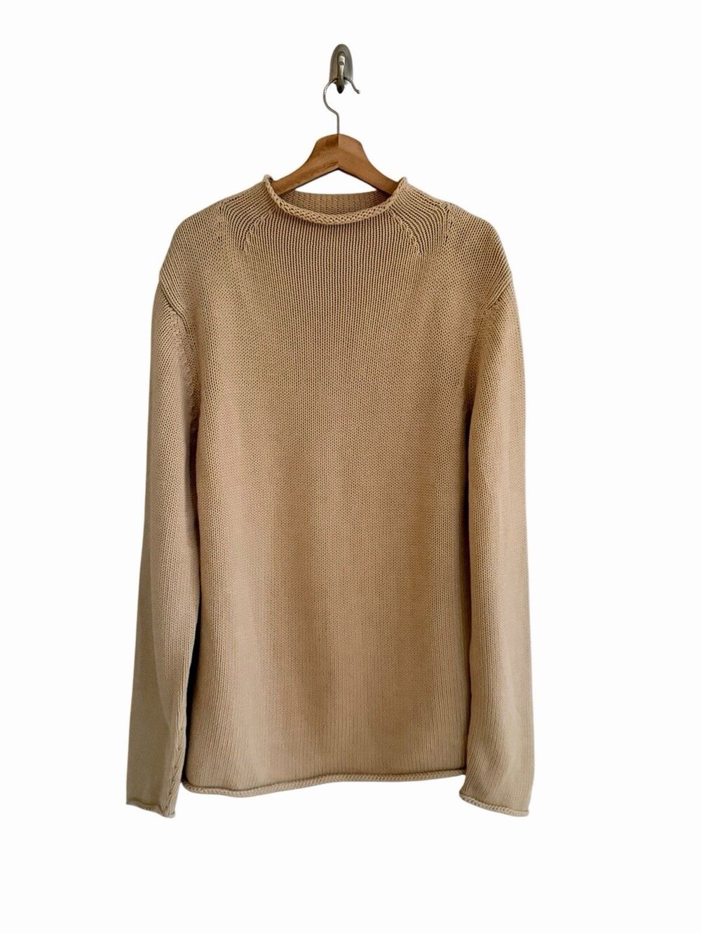 Vintage J Crew Mens Cotton Rollneck Sweater Size XLT Fisherman Chunky Knit Tan